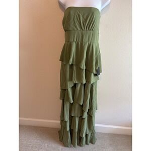 NWT Lulus Maxi Dress Womens L Olive Green Strapless Tiered Ruffle Boho Formal